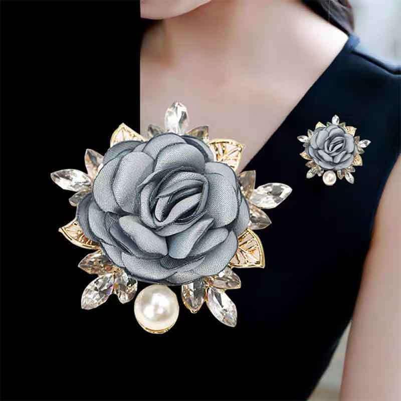 Image of Rose Flower Brooch for Women Large Flower Brooch Elegant Pearl Brooches Handmade Crystal Pearl Pins Fabric Floral Lapel Pin Christmas Valentine's Day Dress Suit Accessories