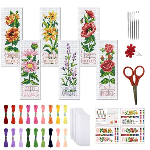 FREEBLOSS - Lote de 6 marcas de punto de cruz, kit de 11 ct ramo de flores de punto de cruz, kit completo, kits de marcador DIY para adultos principiantes con instrucciones, 6 x 20 cm