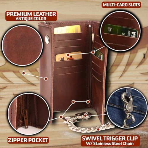 Milwaukee Leather Men's 7-Inch Antique Brown Leather Tri-Fold Biker Wallet w/Swivel Trigger Clip & Chain MLW7888-7 Inch2