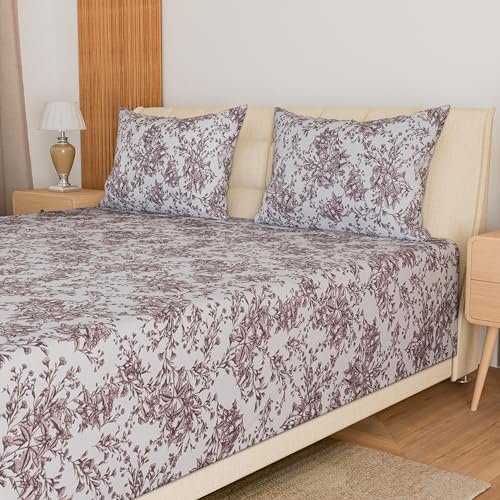 Image of LINENWALAS 100% Cotton Twill Double Size Bedsheet with 2 Pillowcovers | Soft, Breathable & Floral Printed Bedsheet for Double Bed |300 TC | Wrinkle-Resistant,Fade-Proof (229 x 254 CM,Brown Botanical)