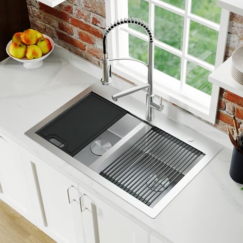 Image of Karran Matrix 33 inch Top Mount Workstation Kitchen Sink, Double Bowl, 16 Gauge Stainless Steel, Includes Cutting Board, Drying Mat & Basket Strainers