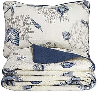 USTIDE 3-Piece Nautical Bedding Set Cotton Bedspread Blue Ocean SeaShells Comforter Set for Double Size Bed