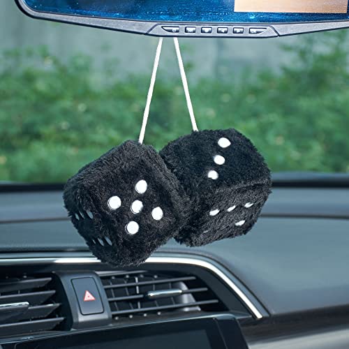Image of 2.95'' Retro Fuzzy Plush Dice Car Charm Square Rear View Mirror Hanging Ornament Accessories, Black
