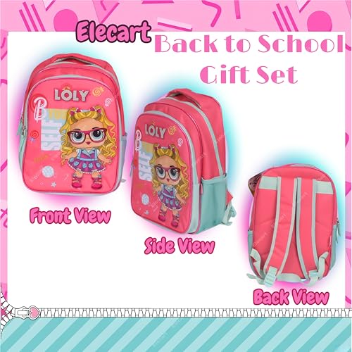 Image of School Bag Combo Set for Girls - 5 in 1 Back to School Hamper with Backpack, Lunch Bag, Tiffin Box, Water Bottle & Pencil Pouch - Complete School Essentials Gift Set for Kids (Loly-Pink)