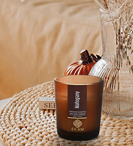 Image of EKAM Mahogany Votive Soy Wax Scented Candle, 40 Grams, 10 Hours Burn Time| Long Lasting Premium Candles | Ideal for Home Decor | Gifting & Aromatherapy (Pack of 6)