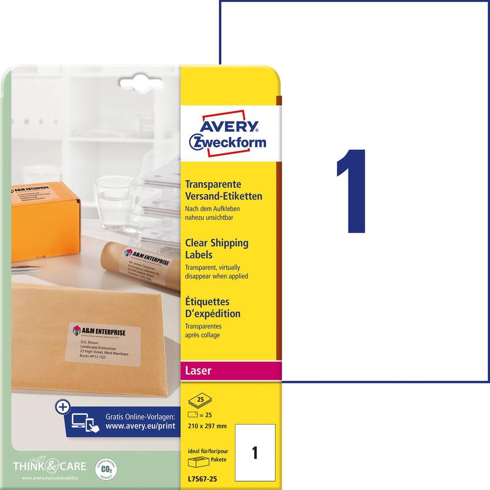 AVERY Zweckform 25 Sheets 210 x 297 mm A4 Printable Self-Adhesive Shipping Labels for Parcels, Parcels and Tubes L7567-25