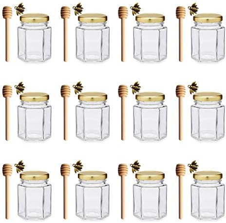 Adabocute 4oz Hexagonal Honey Jars - Glass Honey Jars with Gold Lids, Wooden Dippers, Bee Charms and Jutes - Hexagon Honey Jars for Baby Shower, Wedding and Party Favors, 12 Pack