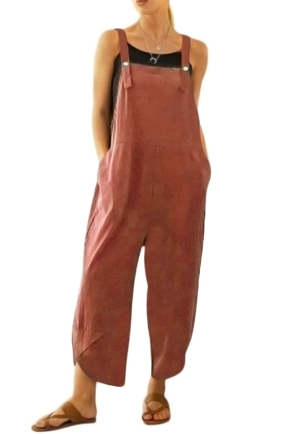 Sommer Latzhose Damen Baumwolle-Leinen Stoff Overall Oversized Jumpsuit lässig mit Taschen 36 38 40 42 44 46 48 50