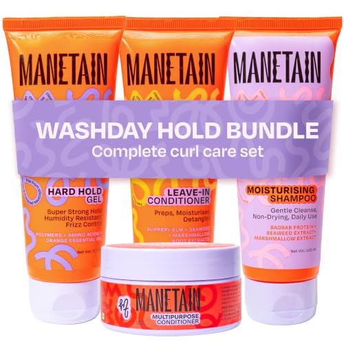 Image of MANETAIN Washday Hold Bundle Mini Size - Complete Curly Hair Care Set | Moisturizing Shampoo 100ml | Multipurpose Conditioner 100gm | Leave-In Conditioner 100 ml and Hard Hold Gel 100 ml