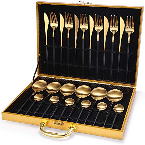 Miminuo Set De Couvert,Cuillère à Couverts en Acier Inoxydable Vaisselle 24 pièces Set boîte en Bois Coffret Cadeau-Ensemble de 24 pièces en Or Noir