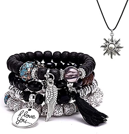 SMALLLOVE Bohemian Bracelets Set for Women Girls Multilayer Stretch Stackable Wing Tassel Love Charm Crystal Beaded Beach Boho Natural Stone (Black)