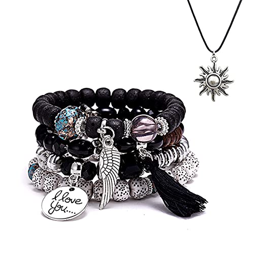 Smalllove Bohemian Bracelets Set For Women Girls Multilayer Stretch Stackable Wing Tassel Love Charm Crystal Beaded Beach Boho Natural Stone (Black) #TOP25