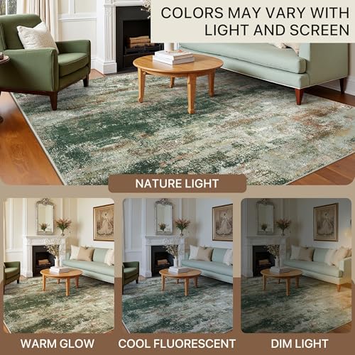Image of BEIMO Area Rugs 8x10 for Living Room Bedroom, Modern Abstract Machine Washable Rug, Large Soft Low Pile Floor Carpet with Non Slip Backing for Dining Room, Green /Brown