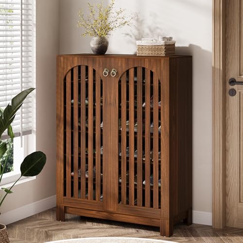 Image of Tribesigns Shoe Storage Cabinet with Louvered Doors, 6-Tier Shoe Storage with Adjustable Shelves, Wood Shoe Rack Organizer for Entryway, Living Room, Walnut