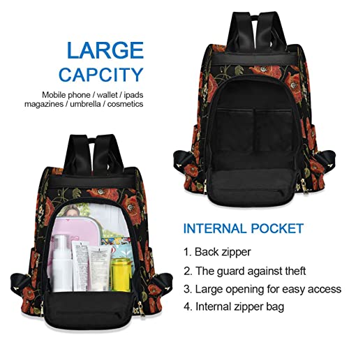 Image of Fustylead Embroidery Red Poppies Backpack Purse for Women Anti-theft Backpack Purse Travel Daypack
