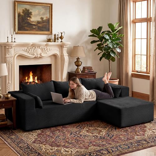 Image of GRUSIGN106 Cloud Sectional Boneless Couch for Living Room, Modular L Shaped Couches with Oversized Right Facing Chaise, Memory Foam Compressed Spineless Deep Seat 3 Seater Sofa for Apartment, Black