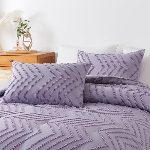 Image of Andency Purple Comforter Set Full Size, Boho Girls Women Lavender Soft Fluffy Warm Lightweight Bedding Comforter Sets for Full Bed, 3 Pieces Chevron Tufted Aesthetic Microfiber Comforter Set