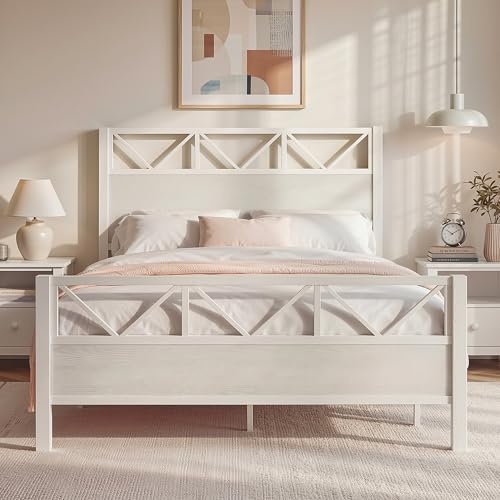 Image of LIKIMIO Queen Bed Frame, Tall Modern Headboard 51.2 inch, Platform Bed Frame with Strong Metal Support, Solid and Stable, Noise Free, No Box Spring Needed, Easy Assembly, White
