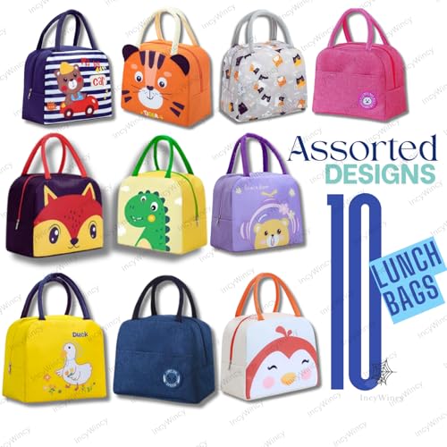 Image of 10 Piece Insulated Lunch Bag for Kids - School Tiffin Bag - Tiffin Bag for Office - Storage Bag - Birthday Party Return Gifts - Return Gift for Kids in Bulk - Pack of 10 (Assorted)