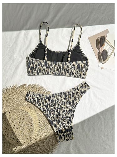 Women's 2 Piece Leopard Print Bikini Sets Smocked High Waisted Cheetah Swimsuit Bathing Suit2