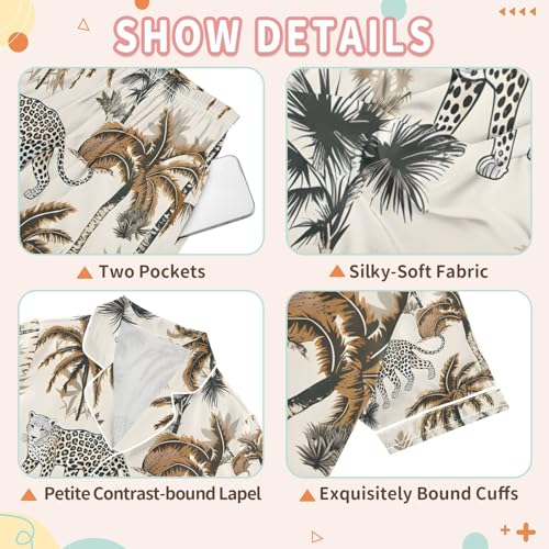 senya Leopard Tropical Painting Satin Summer Pajama Sets Silk Short Sleeve Button Down Sleepwear3