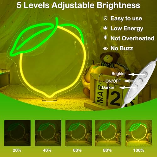Image of Lemon Neon Sign Lemons Yellow Led Sign Fruit Shape Neon Light for Apartment, Bar, Kids' Room,Bedroom,KTV Pub, Shop Wedding, Celebration (12.6 inch*11 inch)