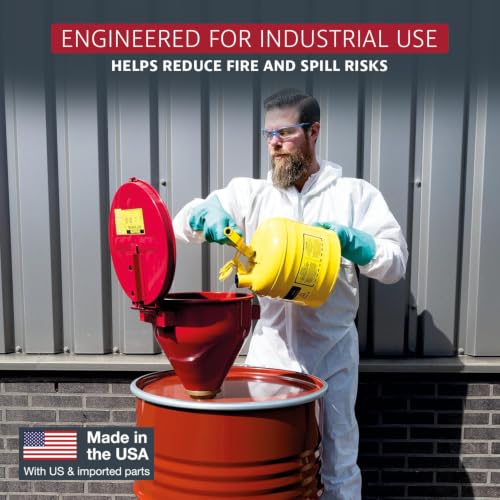 Image of Justrite Drum Funnel for Flammables, Self-Closing Cover, Red, Made in USA