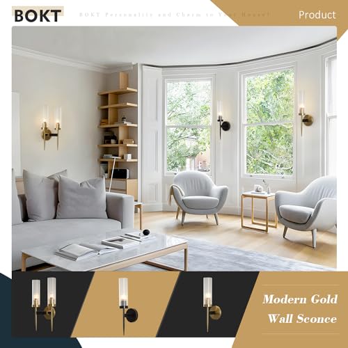 Image of BOKT Mid-Century Modern Gold Wall Light Cylinder Glass Wall Sconce Anti Brushed Brass Long Wall Sconce Light Vintage Bathroom Globe Wall Mount Light Bar Wall Lamp