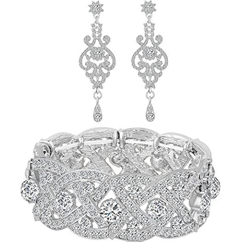 Paxuan Womens White Clear Rhinestone Crystal Wedding Bridal Bridesmaid Bracelet Jewelry Link Tennis Bracelet (Silver - Bracelet + Earrings) Cover