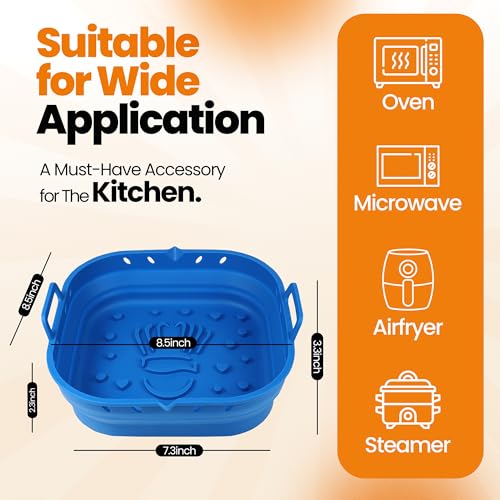 PARTY PORT Platinum Silicone Air Fryer Liners Reusable Square -Extra Strong-Easy to Clean Blue Air Fryer basket for Oven Microwave Accessories - BPA Free - Food Safe Pot for 5.8QT to 8 QT - 9 Inch