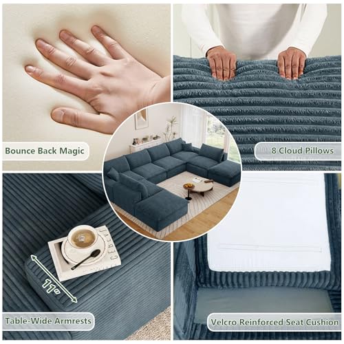 Image of 136 inch Cloud Couch Modular Sectional Sofa for Living Room, U-Shape Boneless Couch with Deep Seat, Modern Corduroy 6-Seater with Ottomans, No Assembly Required, Blue
