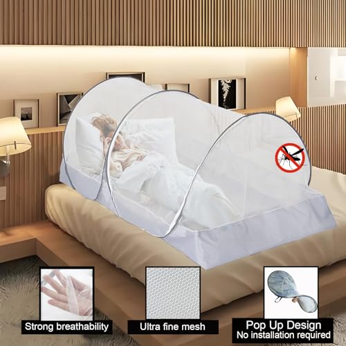 Image of CMINGJ Foldable Mosquito Net Tent Portable Mosquito Net Pop-Up Travel Mosquito Net for Bed Free Installation-Suitable for Baby Adults Bedroom, Camping, nap, Patio (Large-Side Zipper(White net))