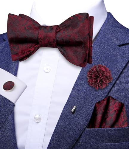 Image of Dubulle Self Tie Bow Ties and Lapel Pin for Men Paisley Solid Mens Bowtie and Handkerchief Cufflinks Set Wedding