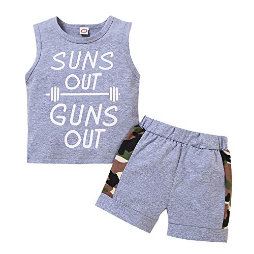 Sinhoon Baby Boys Short Set Sleeveless Tank Tops T-Shirt+Camo Pants Outfits 2Pcs Summer Clothes (Gray-a, 2T)