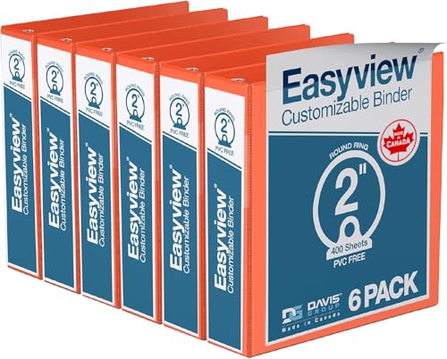 Image of Easyview 3-Ring Binder, Clear-View Cover, 2 inch Round Rings, Orange, 6 Pk | Heavy-duty binder, fits 8.5 inch x 11 inch paper, customizable cover, made in Canada, ideal for school or office use