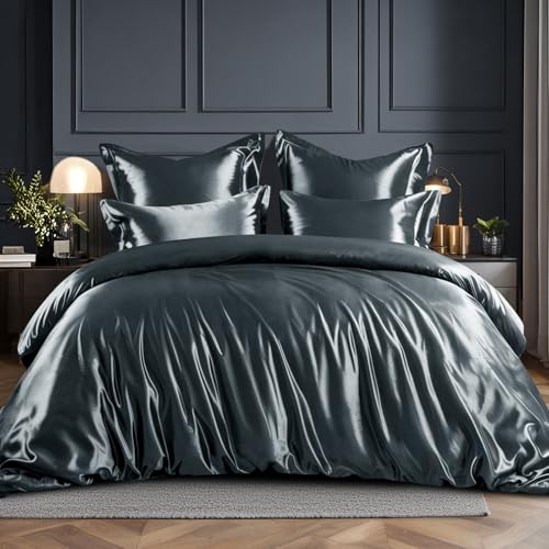 RUIKASI Satin Bettwäsche 200x220 Grau - Seidig Luxus Bettbezug mit Glanz...