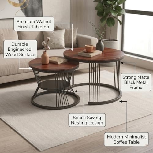Image of Coffee Table, 20 inch Round Coffee Table Set of 2, Wooden Nesting Table with Metal Frame, Center Tables for Living Room Bedroom Balcony Bedside Table Black Brown