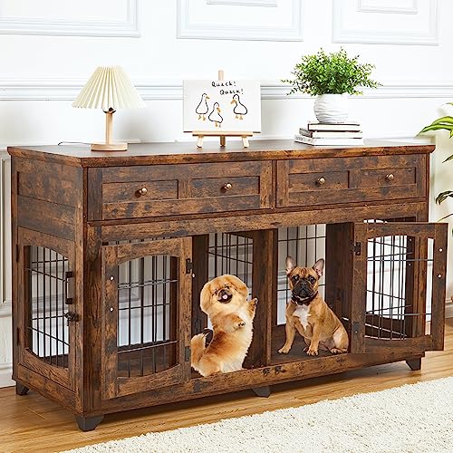 Dog-Crate-Furniture-with-5-Doors-58-Wooden-Dog-Kennel-End-Table-with-Large-Capacity-Drawers-Dog-House-with-Openable-Divider-for-SmallMediumLarge-DogDog-CageSide-End-Table-Rustic-Brown Dog Crate Furniture with 5 Doors 58 Wooden Dog Kennel End Table with Large Capacity Drawers Dog House with Openable Divider for SmallMediumLarge DogDog CageSide End Table Rustic Brown
