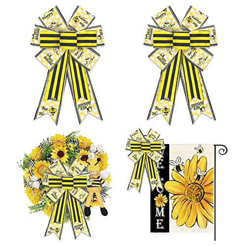 2pcs Bee Festival Wreath Bows Yellow Black Strips Bumble Bee Bow Burlap Spring Bows for Wreaths, Bee Ribbon Bows Tree Topper Bows for Bee Day Home Indoor Outdoor Decoration Wreath Ornament Supplies