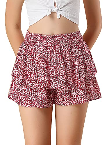 Allegra K Women s Floral Ruffle Smocked Waist Layered Skirt Shorts Small Red