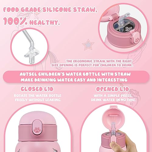 Autsel 400ml Gourde Isotherme Enfant avec Paille Bouteille Isotherme Étanche Gourde Bouteille d'eau en Acier Inoxydable sans BPA – vue 2