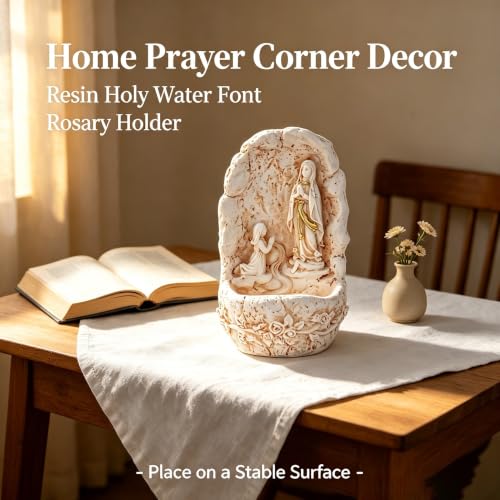 Image of KOMI Our Lady of Lourdes Resin Holy Water Font Rosary Holder for Table Decor