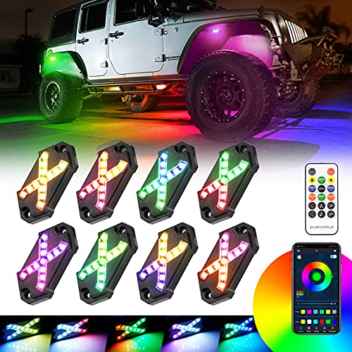 SUPAREE 8 pods RGB Rock Lights car neon underglow kit Wireless Color Changing Exterior led Under Vehicle Lighting Waterproof for Truck Boat Jeep Wrangler jk jku jl tj utv ATV RZR Golf cart gmc