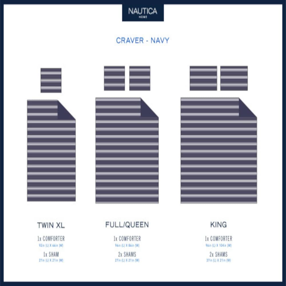 Nautica Home | Craver Collection | 100% Cotton Cozy & Soft, Durable & Breathable Striped Comforter & Matching Sham(s), Twin/Twin XL, Navy/White