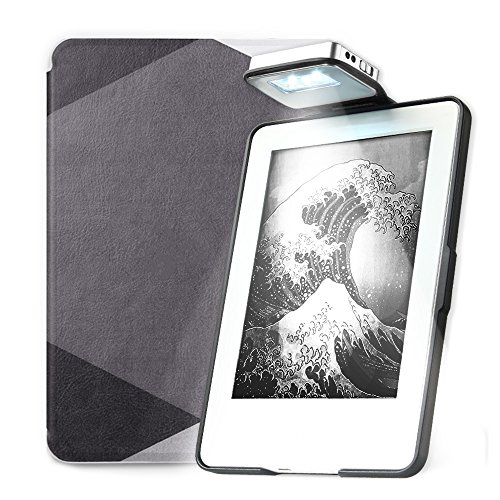 Young me All New Kindle E-reader Rechargeable Led Light Auto Wake/Sleep Hand Strap Leather Cover/Case Kindle 2016 6 inch 8th generation(Not Fit Kindle Paperwhite) Basic Black Geometry