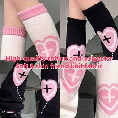MOFLYS Leg Warmers for Women Kawaii Pink Heart Cross Print Knit Y2K Leg Socks Lolita Warm Harajuku 80s Outfit Punk (2 Pairs)3