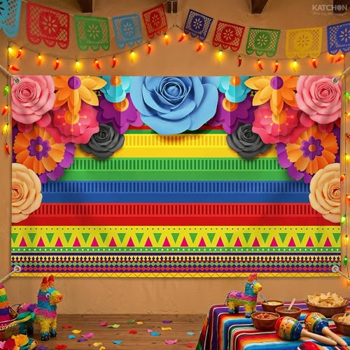 Image of Katchon, Mexican Theme Party Striped Backdrop - Pack of 1 | Fiesta Cinco De Mayo Paper Flowers Background Party Decoration for Fiesta Party,Birthday, Baby Shower, Wedding Photography Studio Props