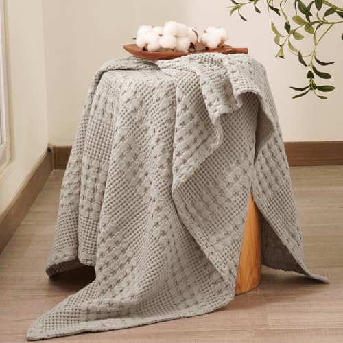 Image of PHF 100% Cotton Waffle Throw Blanket for Couch, Lightweight Breathable and Soft for Summer, Luxury Aesthetic Waffle Weave Blanket for Home Decor & Office, Gifts for Women, 50 inchx60 inch, Pearl Gray