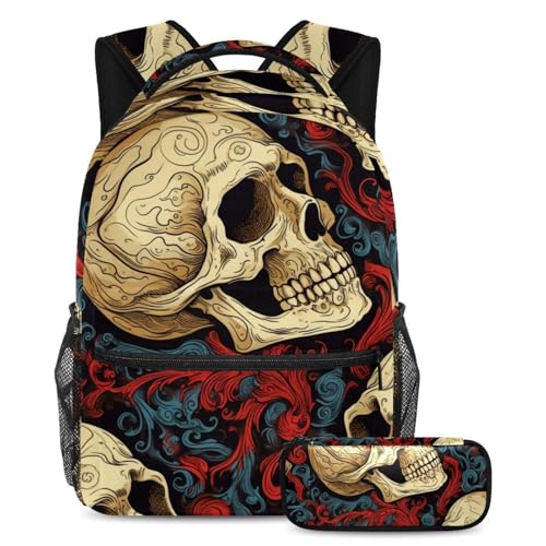 Ensemble cartable Vintage Cool Skull 80 avec trousse d'école grand format