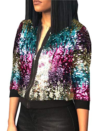 Speedle Women's Sequin Fitted Long Sleeve Zipper Sparkle Blazer Bomber Jacket Floral L